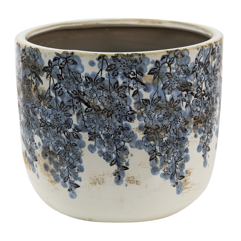 Clayre & Eef Pot de fleurs Ø 20x17 cm Bleu Beige Céramique Rond Fleurs