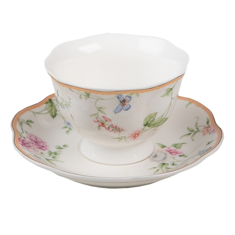 Clayre & Eef Cup and Saucer Set of 2 220 ml White Pink Porcelain