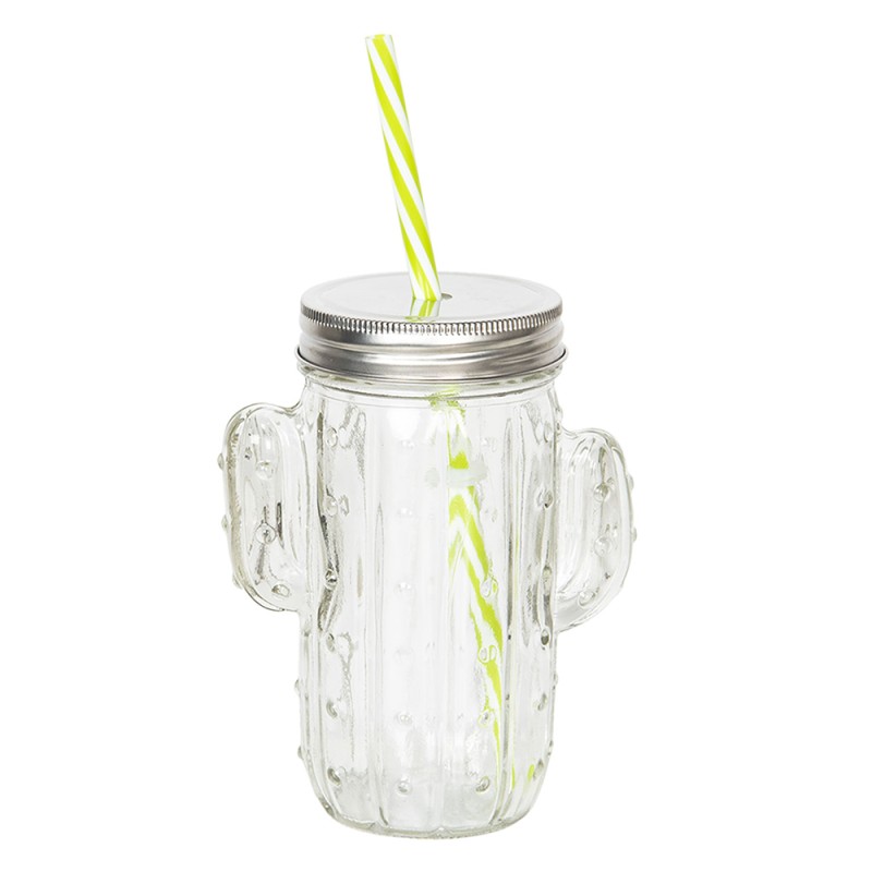 Clayre & Eef Drinking Cup with Straw 350 ml Glass Round Cactus