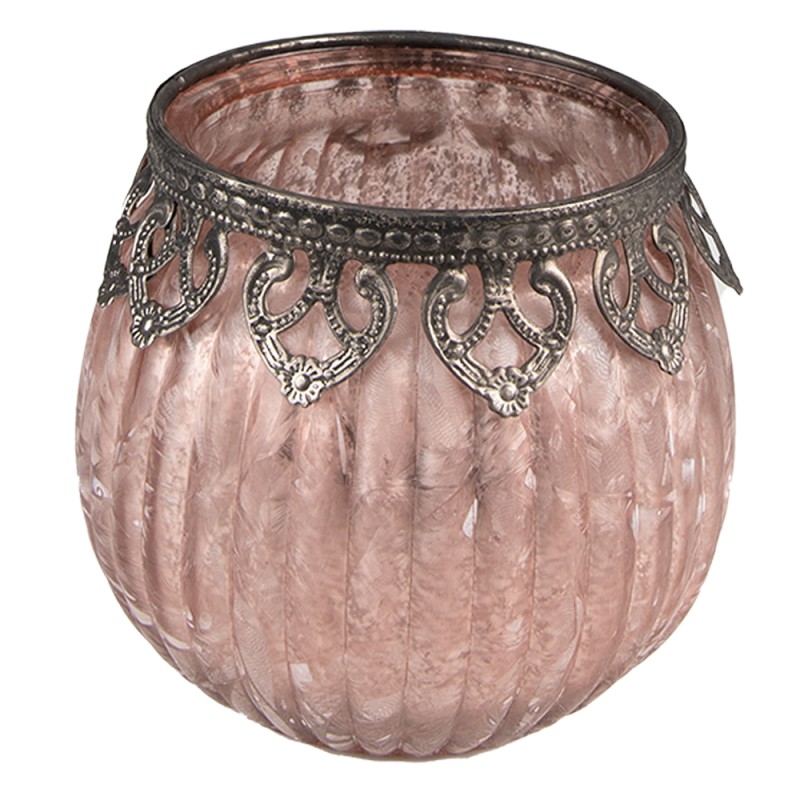 Clayre & Eef Tealight Holder Ø 11x10 cm Pink Glass Metal