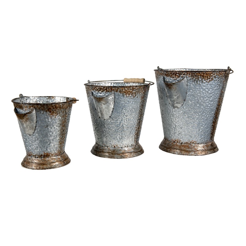 Clayre & Eef Decorative Bucket Set of 3 Ø 26x28 cm Grey Brown Iron