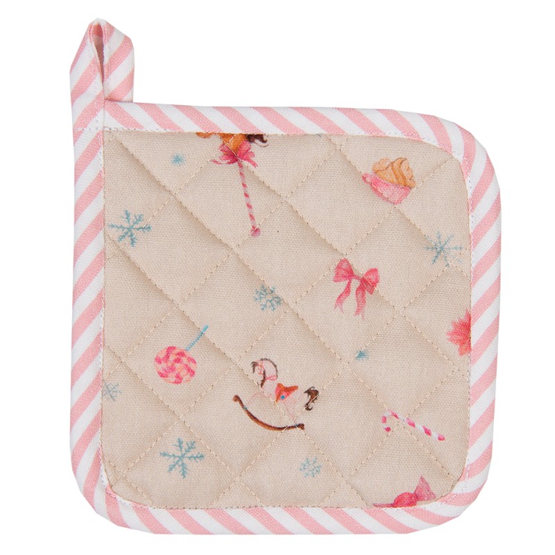 Clayre & Eef Topflappen für Kinder 16x16 cm Beige Rosa Baumwolle Nussknacker