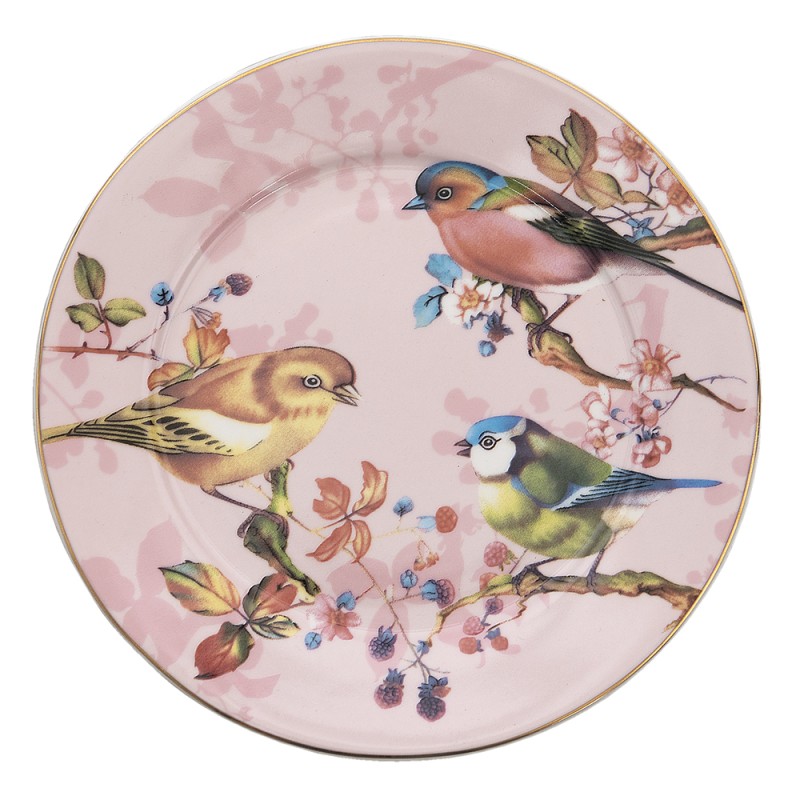 Clayre & Eef Breakfast Plate Ø 21 cm Pink Porcelain Birds