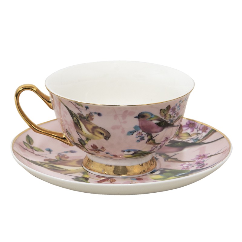 Clayre & Eef Cup and Saucer 200 ml Pink Porcelain Birds