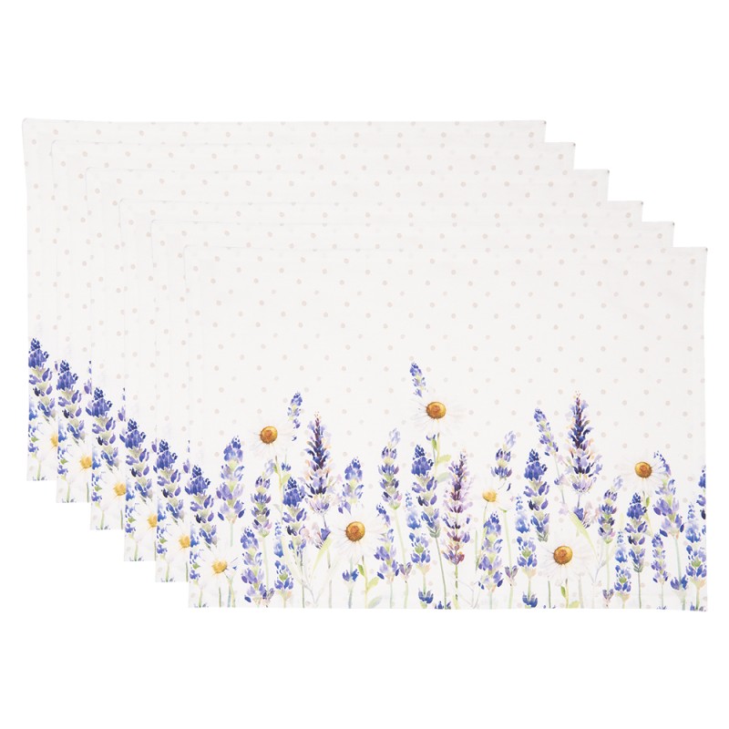 Clayre & Eef Placemats Set van 6  48x33 cm Wit Paars Katoen Rechthoek Lavendel