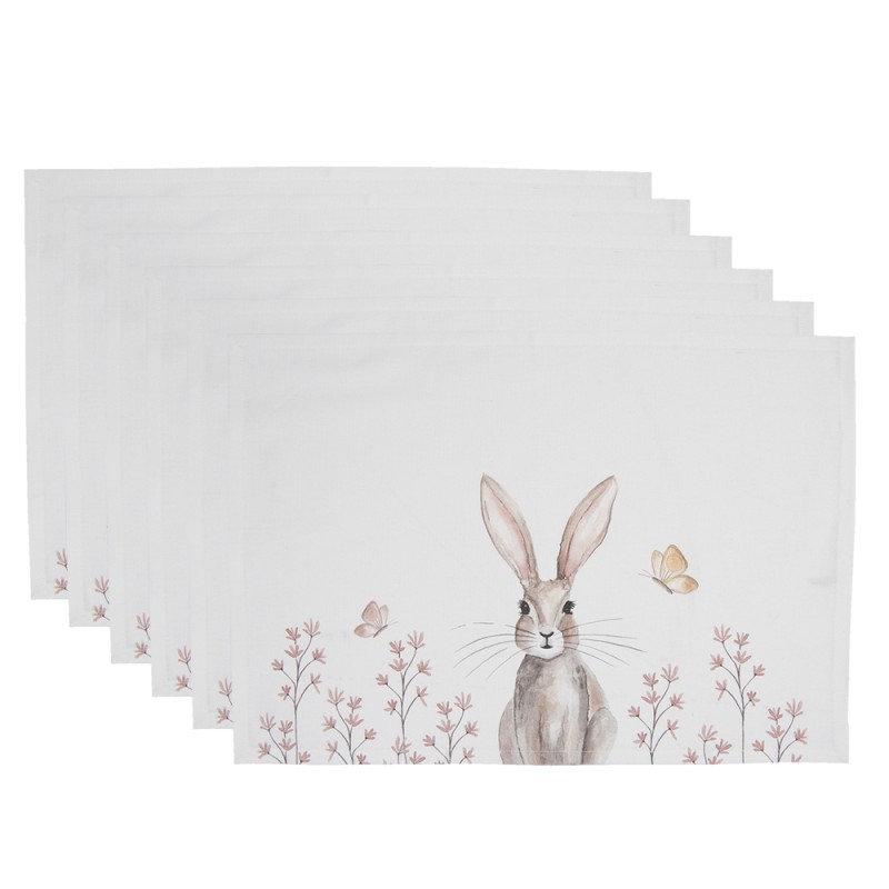 Clayre & Eef Tischsets 6er Set 48x33 cm Weiß Braun Baumwolle Rechteck Kaninchen