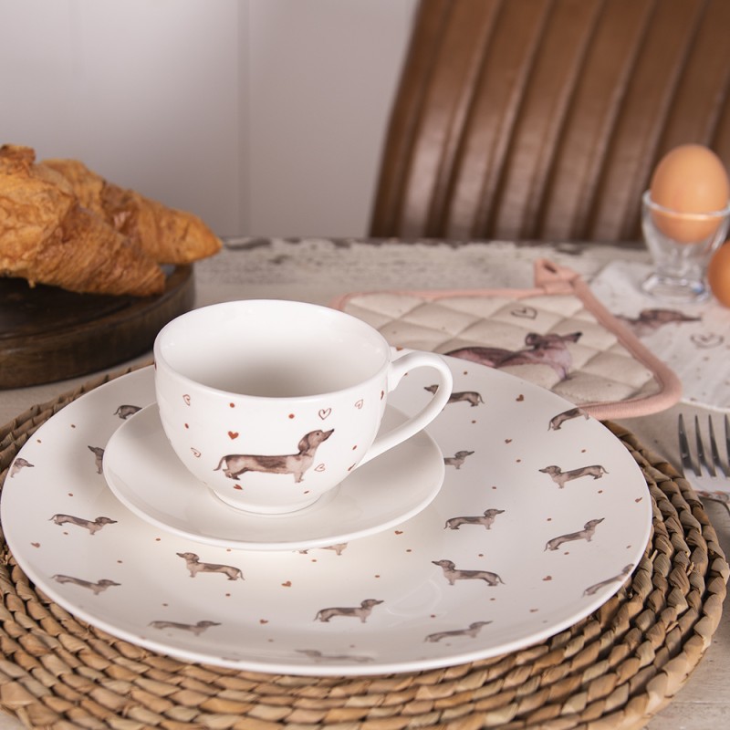 Clayre & Eef Dinner Plate Ø 26 cm Beige Brown Porcelain Round Dachshunds