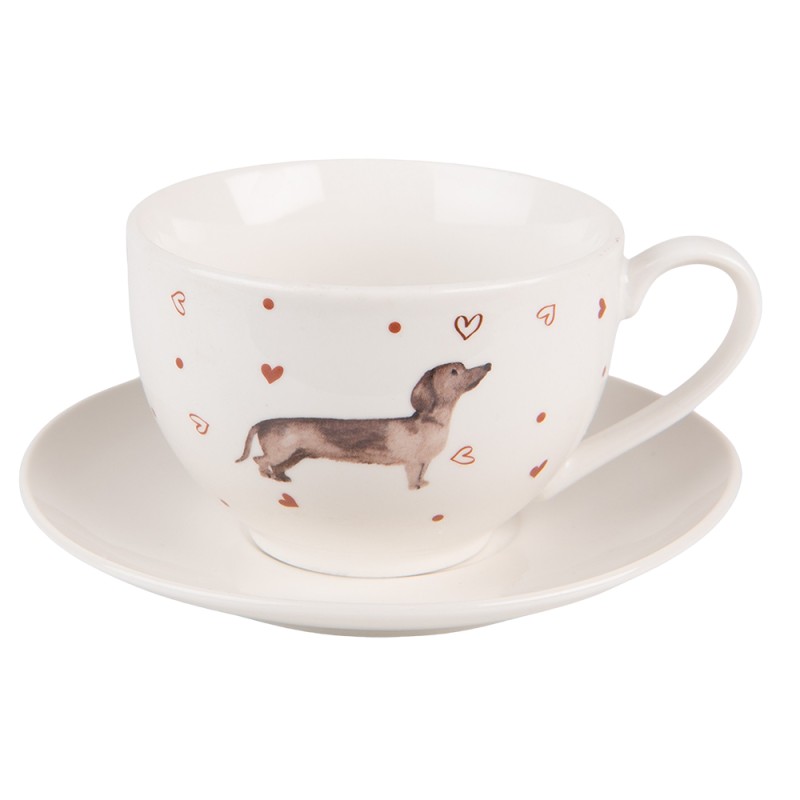 Clayre & Eef Cup and Saucer 200 ml Beige Brown Porcelain Round Dachshund