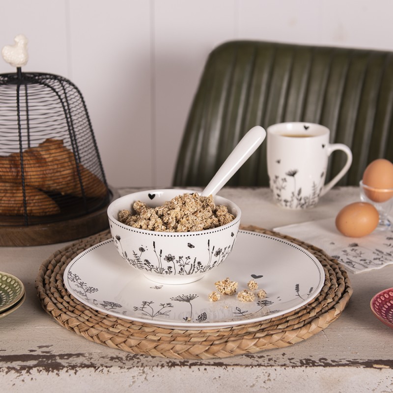 Clayre & Eef Soup Bowl 500 ml Beige Black Porcelain Round Flowers