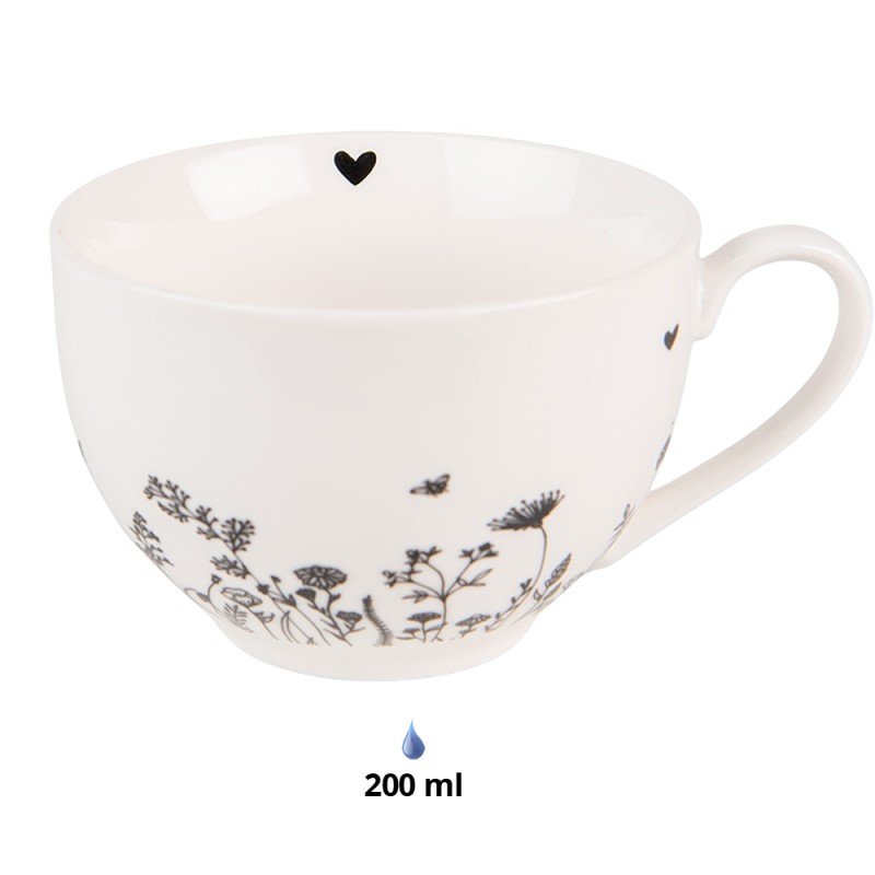 Clayre & Eef Tasse et soucoupe 200 ml Beige Noir Porcelaine Fleurs