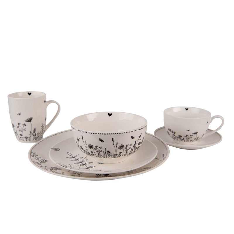 Clayre & Eef Tasse et soucoupe 200 ml Beige Noir Porcelaine Fleurs