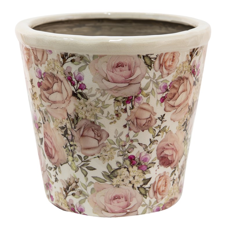 Clayre & Eef Pot de fleurs Ø 21x19 cm Blanc Rose Céramique Rond Fleurs
