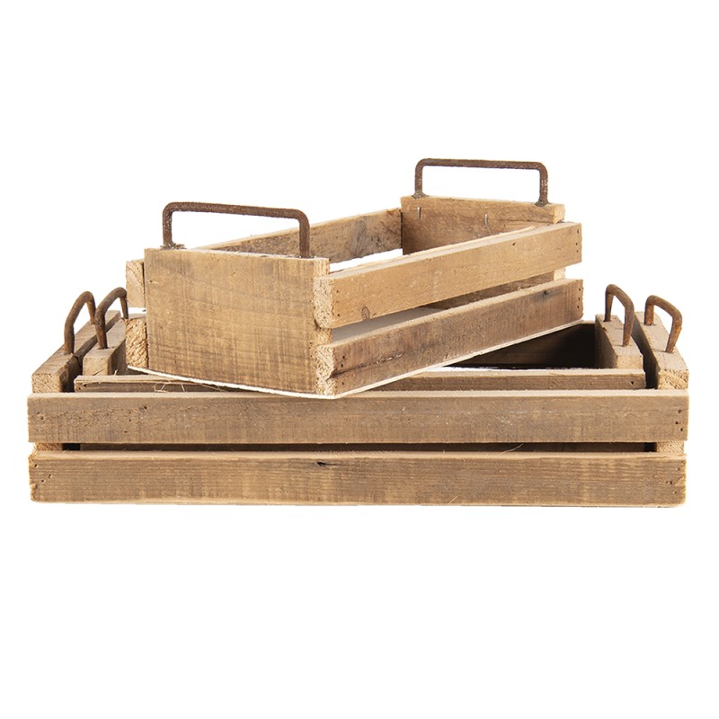 Clayre & Eef Decorative Serving Tray Set of 3 Brown Wood Metal Rectangle