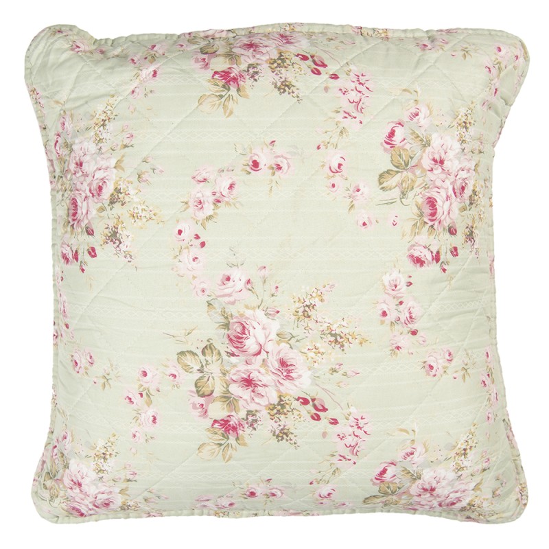 Clayre & Eef Cushion Cover 50x50 cm Green Pink Polyester Cotton Square Flowers