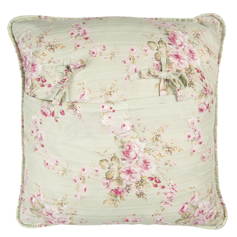 Clayre & Eef Cushion Cover 50x50 cm Green Pink Polyester Cotton Square Flowers