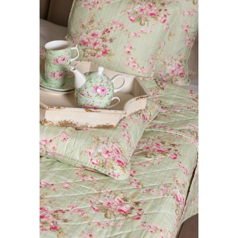Clayre & Eef Bedspread 1-persoons Green Pink Polyester Cotton Rectangle Flowers