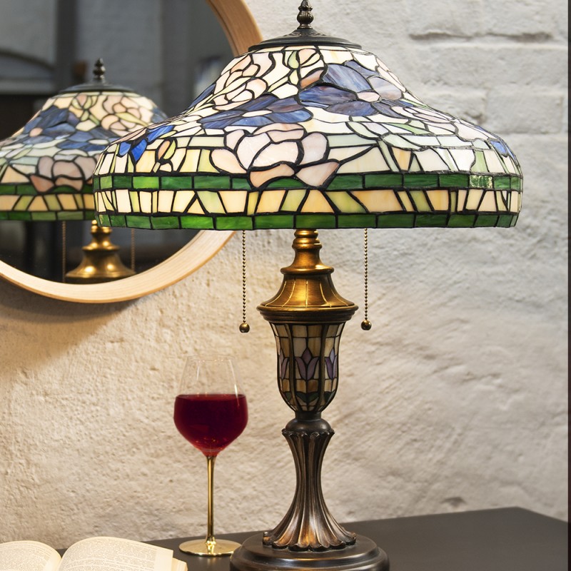 LumiLamp Lampe de table Tiffany Ø 46x60 cm  Beige Vert Verre Plastique Rond Fleurs