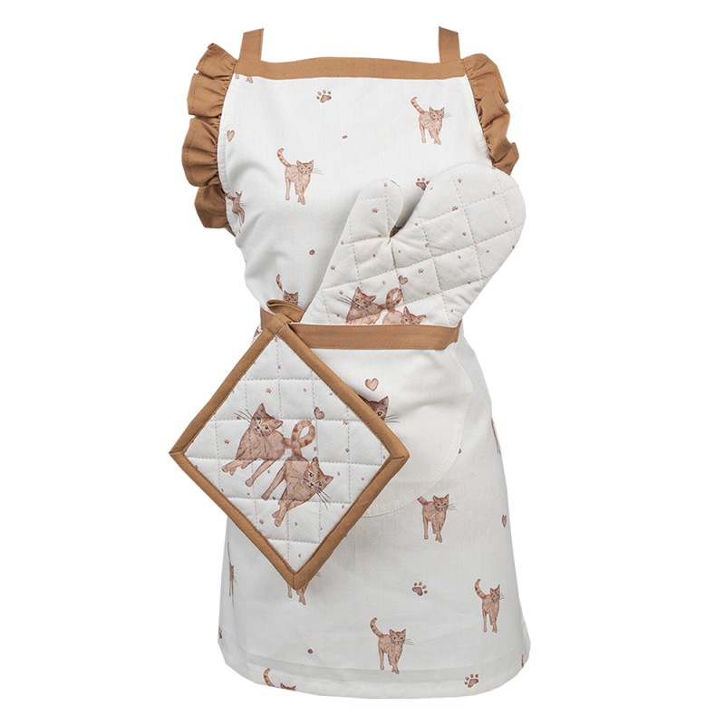 Clayre & Eef Kids' Oven Mitt 12x21 cm Beige Brown Cotton Cats