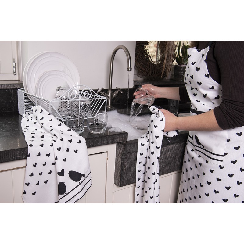 Clayre & Eef Kitchen Apron 70x85 cm White Black Cotton Hearts Birds