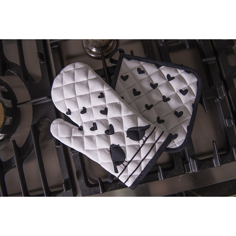Clayre & Eef Oven Mitt 18x30 cm White Black Cotton Hearts Birds