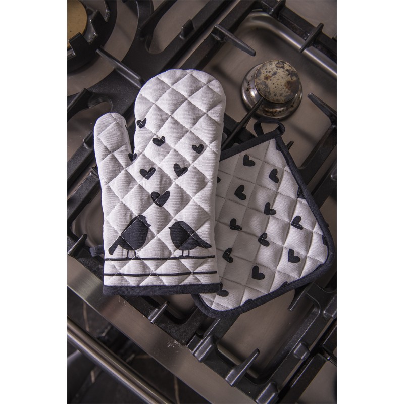 Clayre & Eef Ofenhandschuh 18x30 cm Weiß Schwarz Baumwolle Herzen Vögel