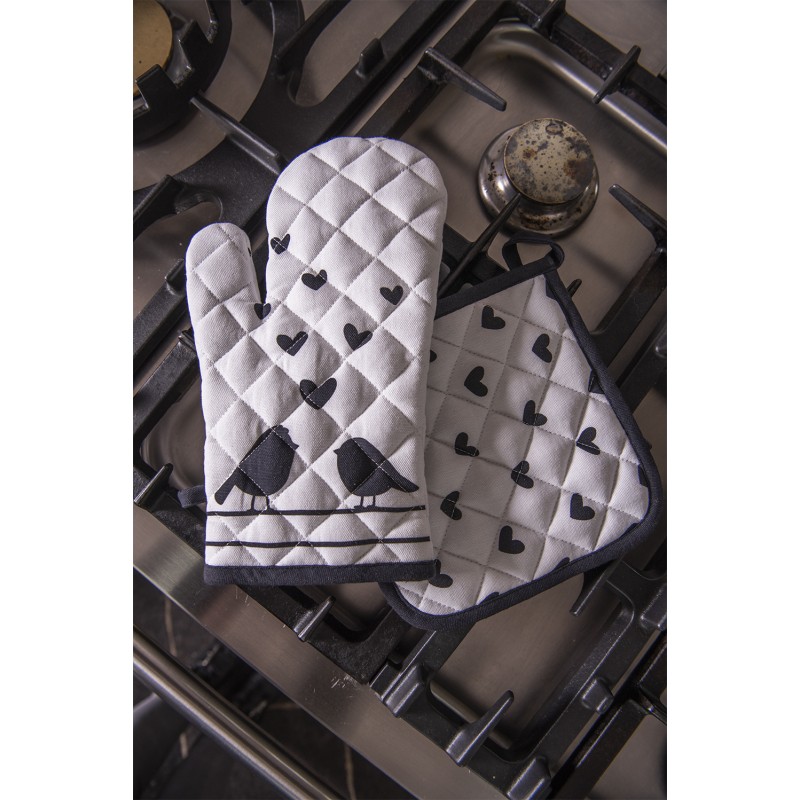 Clayre & Eef Oven Mitt 18x30 cm White Black Cotton Hearts Birds