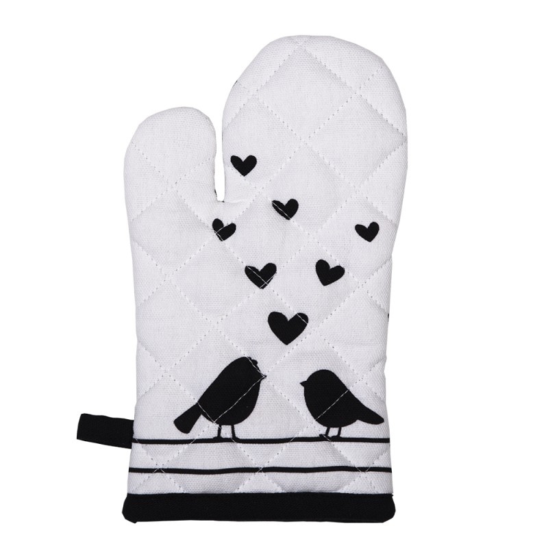 Clayre & Eef Kinderofenhandschuh 12x21 cm Weiß Schwarz Baumwolle Herzen Vögel