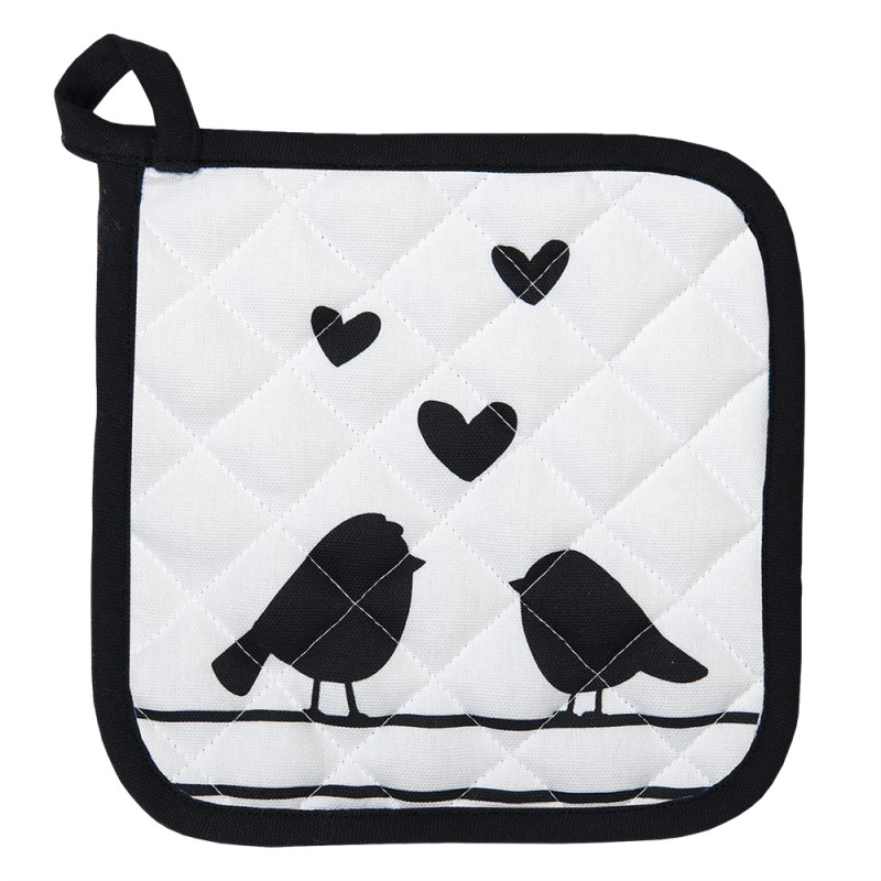 Clayre & Eef Pot Holder 20x20 cm White Black Cotton Square Hearts Birds