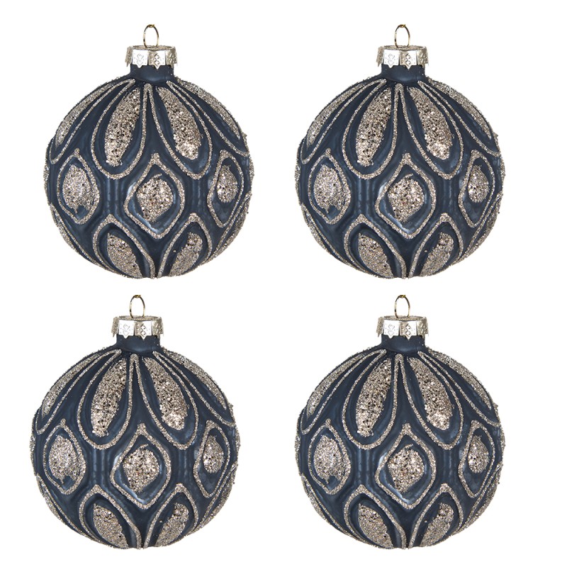 Clayre & Eef Christmas Bauble Set of 4 Ø 8 cm Blue Glass