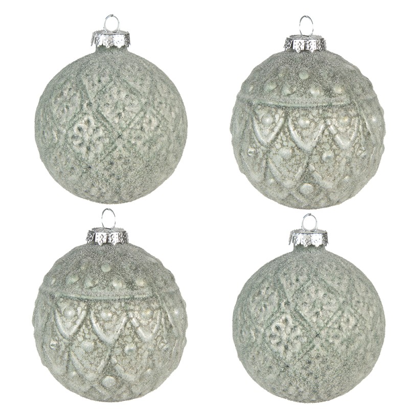 Clayre & Eef Christmas Bauble Set of 4 Ø 8 cm Green Glass