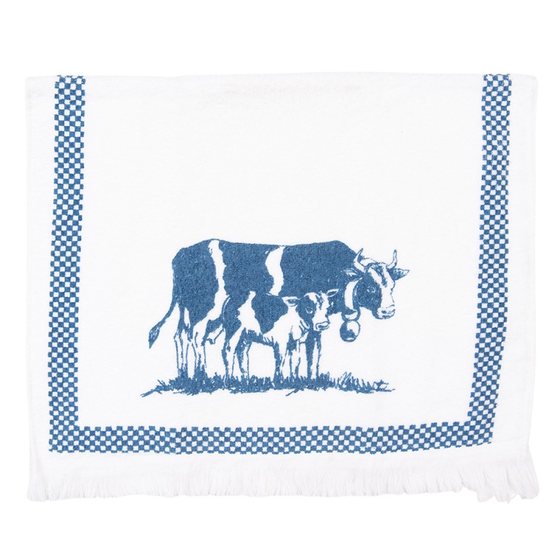 Clayre & Eef Gästehandtuch 40x66 cm Weiß Blau Baumwolle Kühe