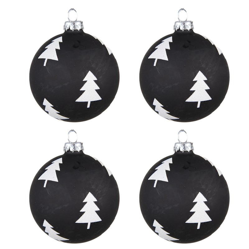 Clayre & Eef Christmas Bauble Set of 4 Ø 8 cm Black White Glass Christmas Trees