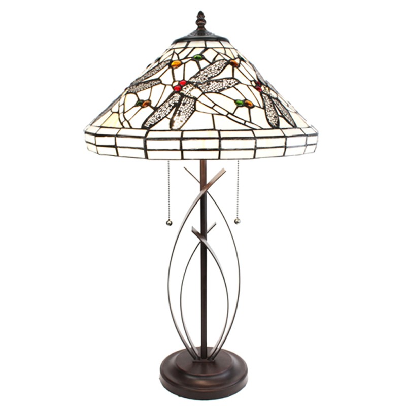 LumiLamp Lampe de table Tiffany Ø 41x69 cm Beige Noir Verre Métal Rond Libellule