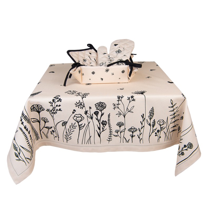 Clayre & Eef Tafelkleed  100x100 cm Beige Zwart Katoen Bloemen