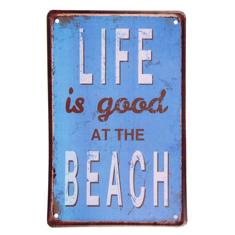 Clayre & Eef Wall Decoration 20x30 cm Blue White Metal Life is good at the beach