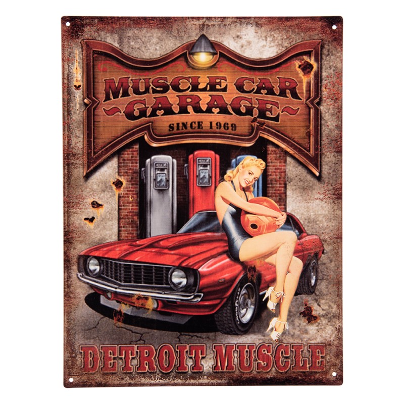 Clayre & Eef Plaque de texte 25x33 cm Marron Rouge Fer Rectangle Muscle car garage
