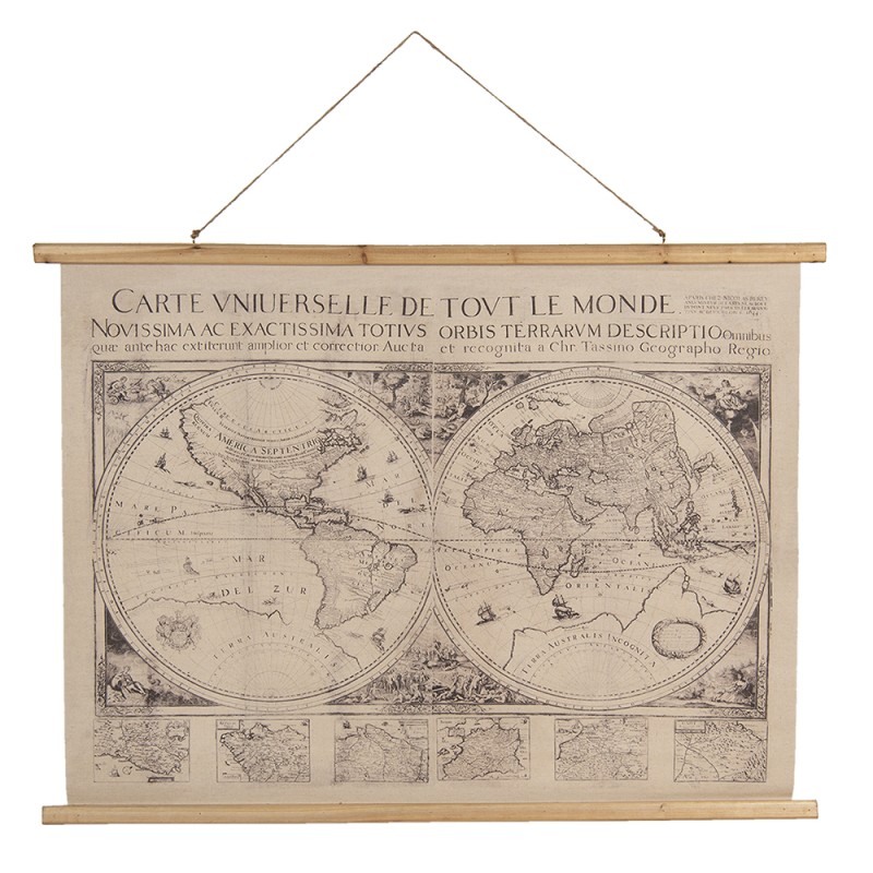 Clayre & Eef Wandteppich 100x75 cm Beige Braun Holz Textil Rechteck Weltkarte