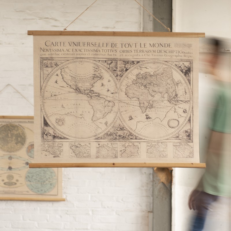 Clayre & Eef Wandkleed  100x75 cm Beige Bruin Hout Textiel Rechthoek Wereldkaart