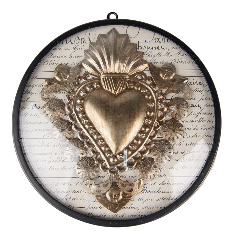 Clayre & Eef Wall Decoration Ø 23x4 cm Gold colored Black Iron Glass Sacred Heart