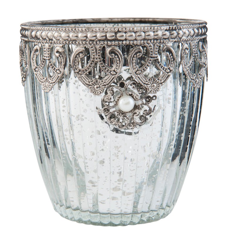 Clayre & Eef Teelichthalter Ø 10x10 cm Silberfarbig Glas