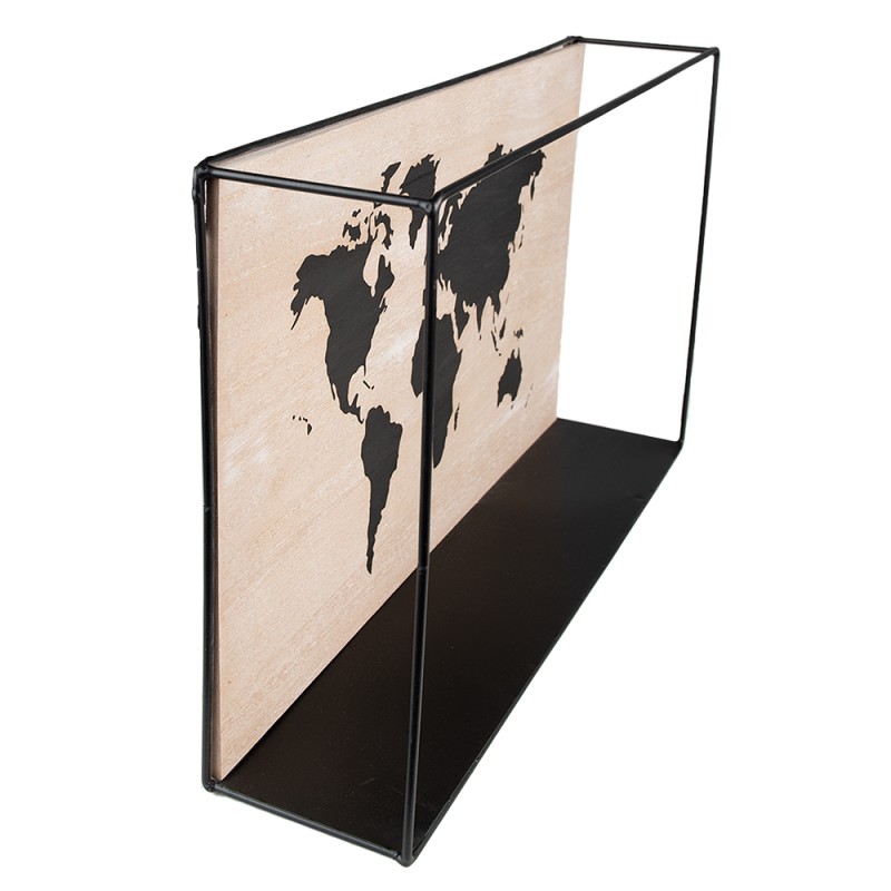 Clayre & Eef Scaffale da parete 46x10x28 cm Nero Marrone  MDF Metallo Mappa del mondo