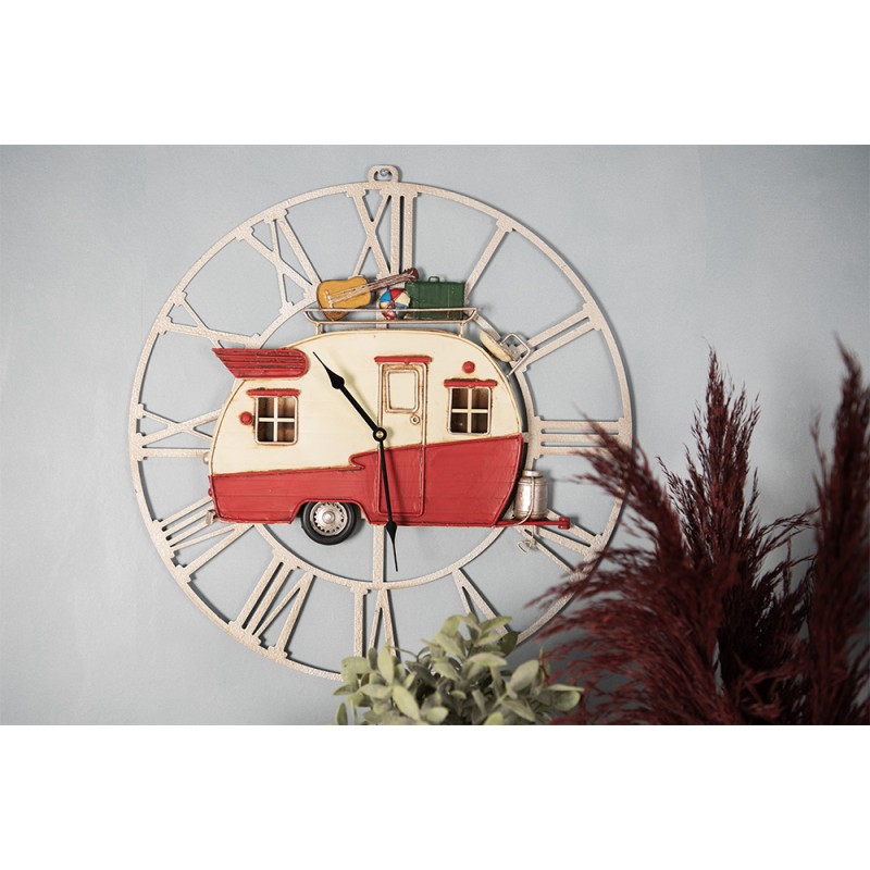 Clayre & Eef Wall Clock 48x50 cm Red White Metal Round Caravan