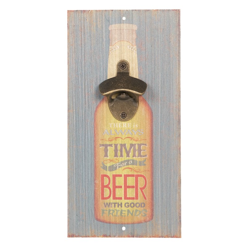 Clayre & Eef Wall-Mounted Bottle Opener 15x3x30 cm Grey Brown Wood Rectangle Beer Bottle Time for a beer