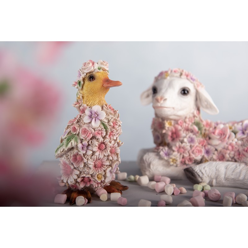 Clayre & Eef Figurine Duck 10x11x18 cm Pink Polyresin Flowers