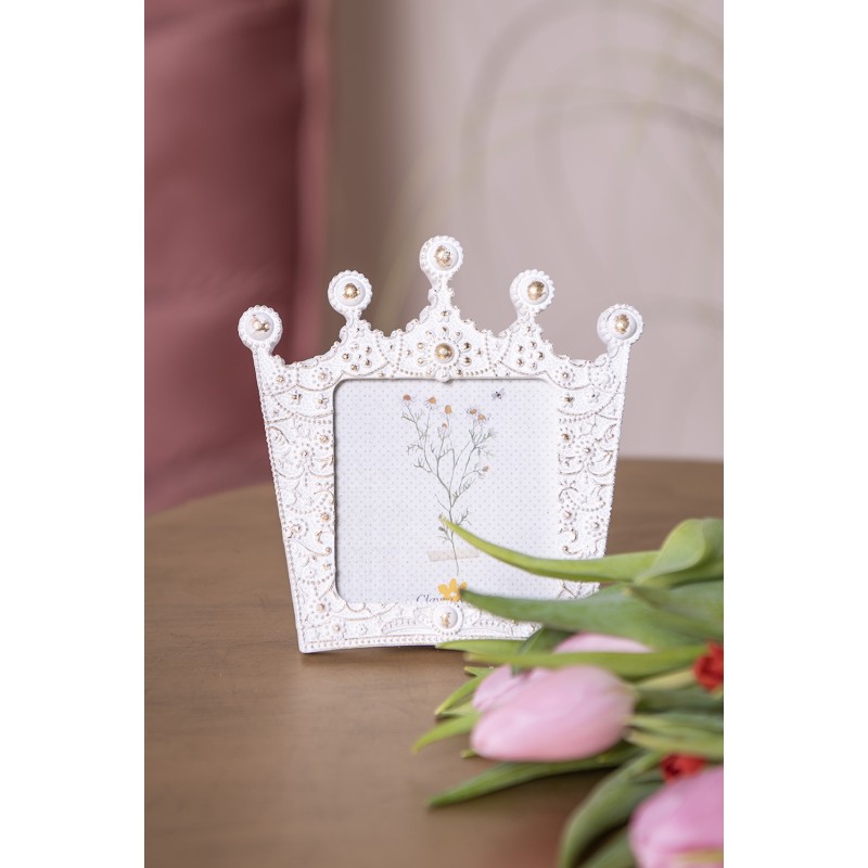 Clayre & Eef Photo Frame Crown 7x7 cm White Gold colored Plastic