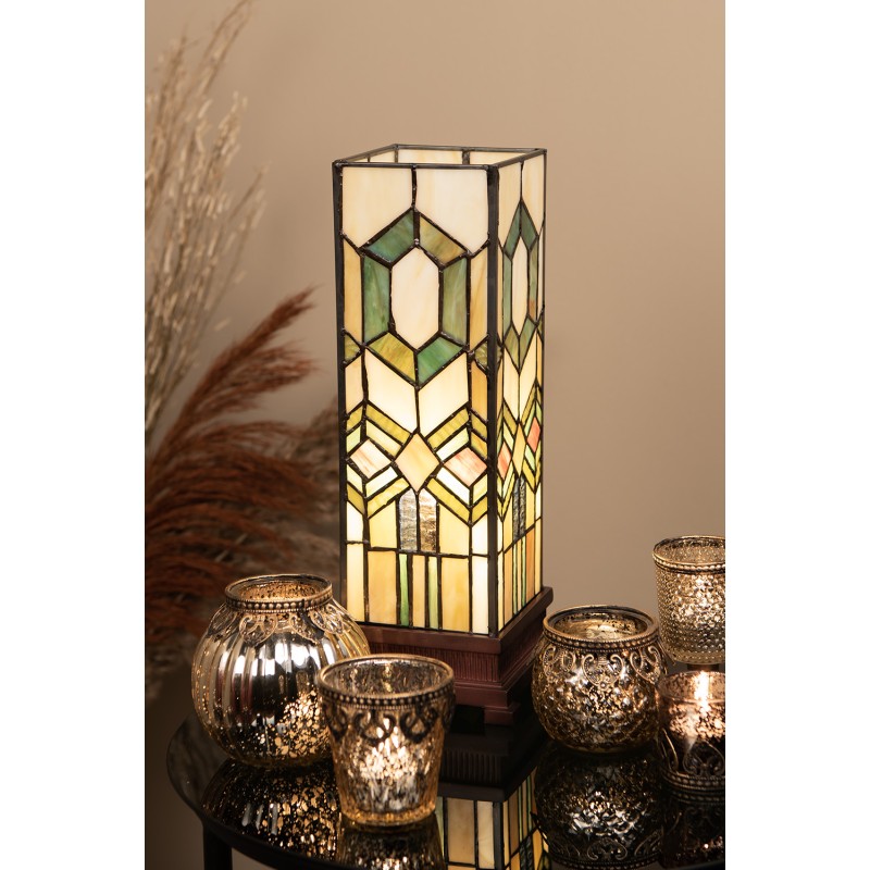 LumiLamp Lampe de table Tiffany 12x35 cm  Vert, Brun, Beige Vitrail Carré