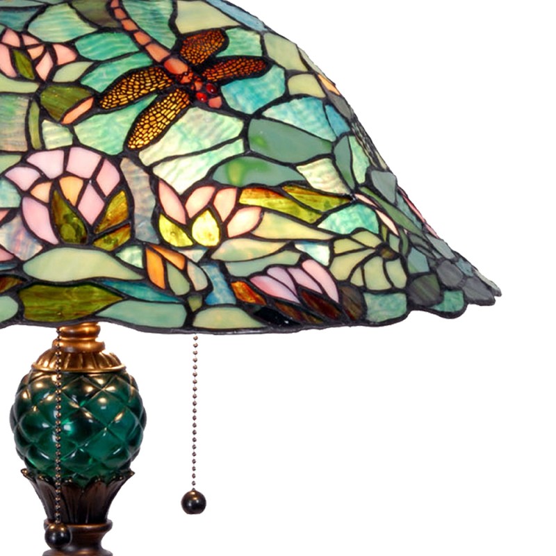 LumiLamp Lampe de table Tiffany Ø 47x60 cm Vert Marron Verre Triangle Libellule