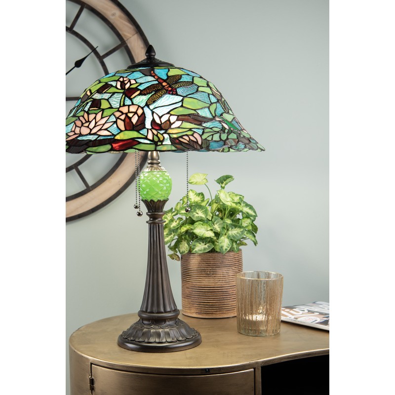 LumiLamp Lampada da tavolo Tiffany Ø 47x60 cm Verde Marrone Vetro Triangolo Libellula