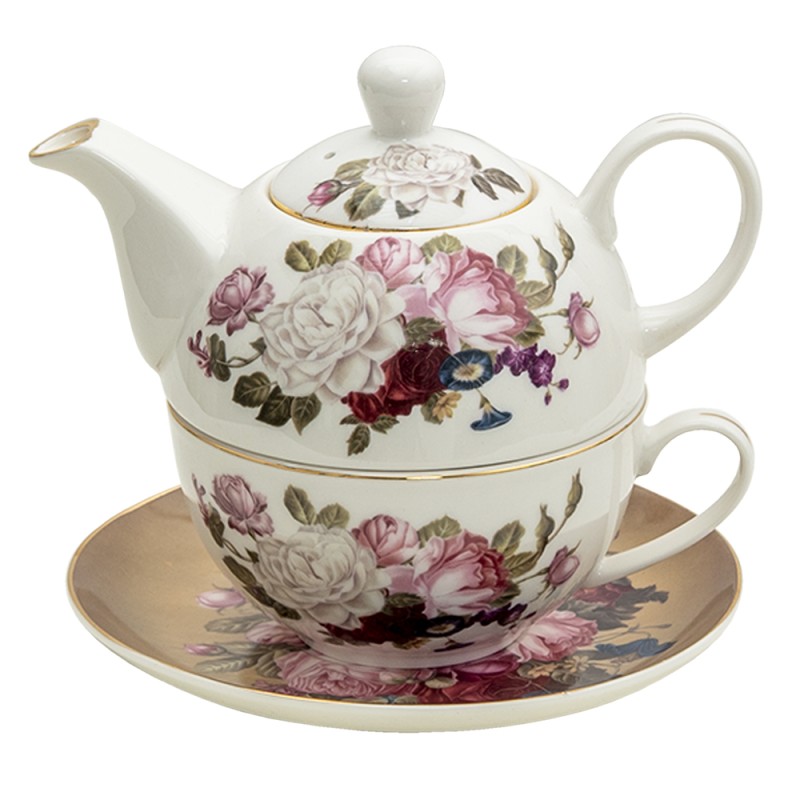 Clayre & Eef Tea for One 400 ml / 250 ml White Brown Porcelain Round Flowers