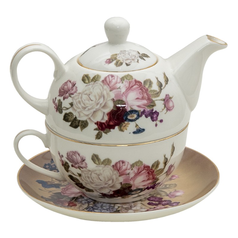 Clayre & Eef Tea for One 400 ml / 250 ml Blanc Marron Porcelaine Rond Fleurs
